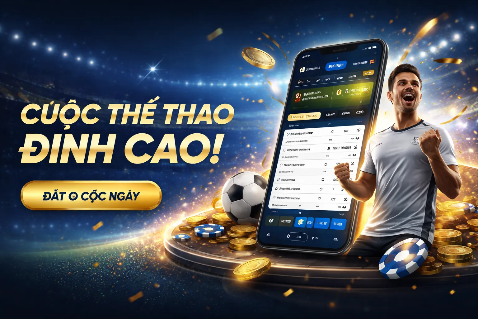 Sân vận động bóng đá với ánh đèn rực rỡ và logo 678k